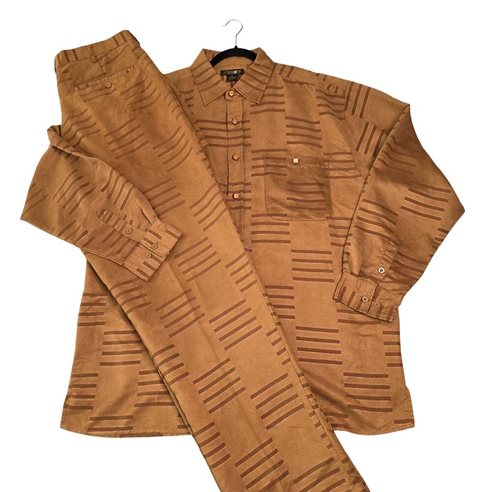 VTG Trust Shirt Pants Set Mens 2XL Brown Geometric Long Sleeve Button Up 80s 90s